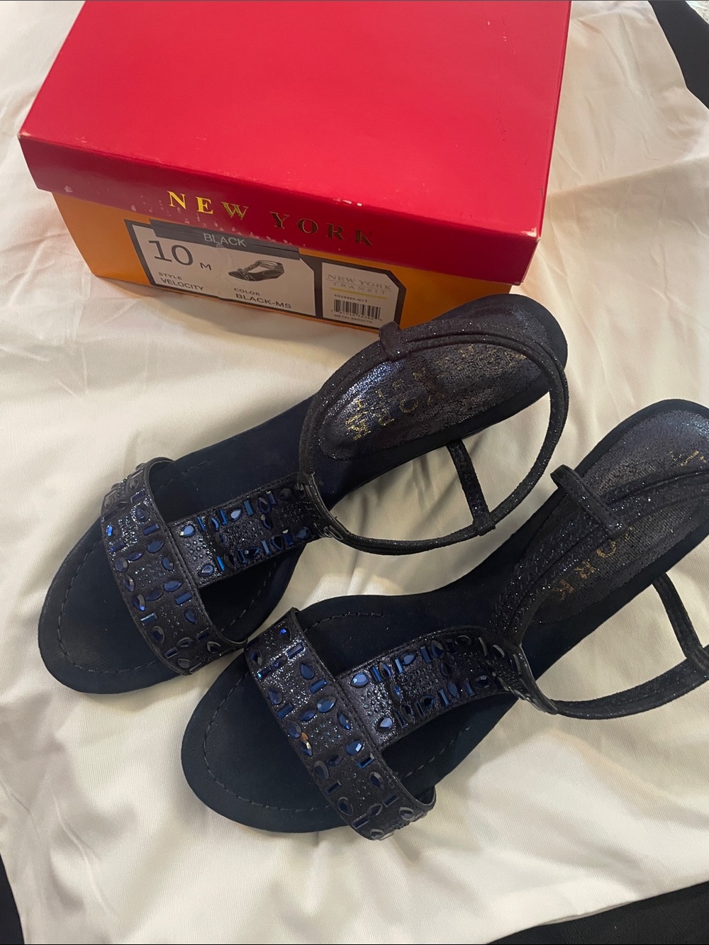 New York Transit Black Strappy Sandals with Shimmering Accents
